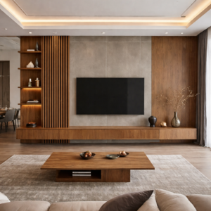Vách TV vói tấm ốp than tre và lam sóng